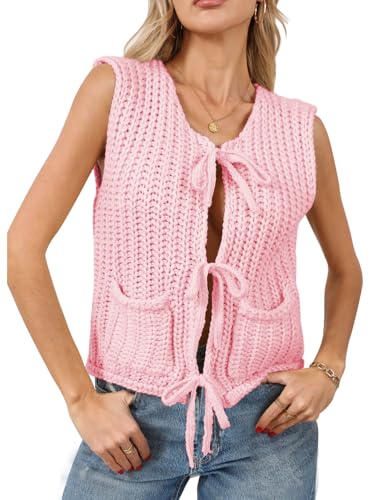 Image of Trendy Cardigan Sweater Vest Crochet Knit Top Sleeveless Bows with Pockets