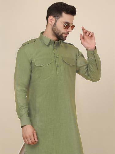 Image of KRAFT INDIA Men's Cotton Pathani Kurta With Drawstring Salwar Set