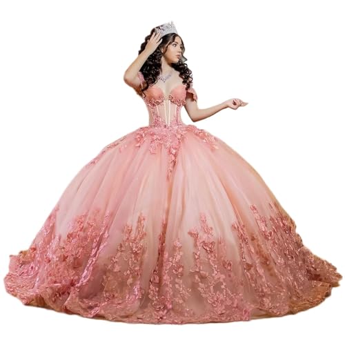 3D Butterfly Applique Quinceanera Dresses with Train Luxury Beaded Sweet 16 Dresses Off The Shoulder Ball Gown