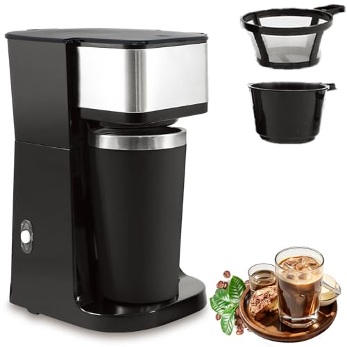 Coffee Machine 750w, 3 Or 5 Cups Coffee Maker With 420ml Stainless Steel Insulated Travel Mug And Removable Filter, Automatic Capsule Filter Coffee Maker In Home And Office, Black