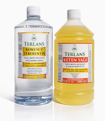 Terlans Kokusuz Terebentin ve Keten Yağı 2x1000 ml Resim Yağı Yağlı Boya Seti Yardımcı Malzemeler