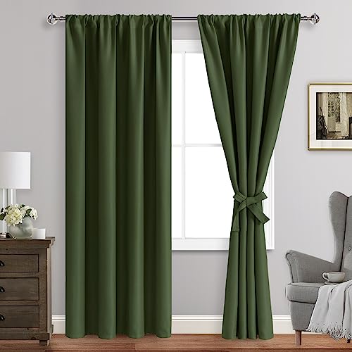 JIUZHEN Christmas Blackout Curtains for Bedroom - Thermal Insulated Room Darkening Rod Pocket Curtains for Living Room, Set of 2 Panels with Tiebacks, 42 x 84 Inch Length, Olive Green — image 1