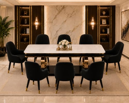 Image of 8-Seater Dining Table with Nano Composite Marble Top and PVC Golden Wooden Base |2yr Warranty - Includes 8 Fabric Upholstered Chairs