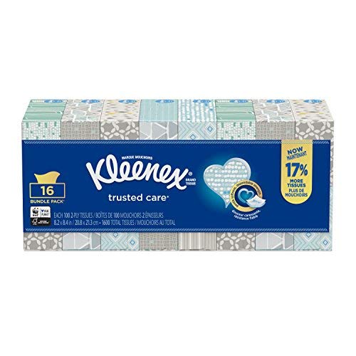 Image of Kleenex Trusted Care Everyday Facial Tissues,16 Flat Boxes, 100 Tissues per Box (1,600 Count Total)