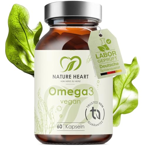 Nature Heart Omega 3 Kapseln 60 Stück vegan aus Algenöl DHA & EPA im 2:1-Verhältnis hochdosiert 100% vegan & fischfrei für Herz Gehirn & Sehkraft schadstoffarm ohne unnötige Zusatzstoffe
