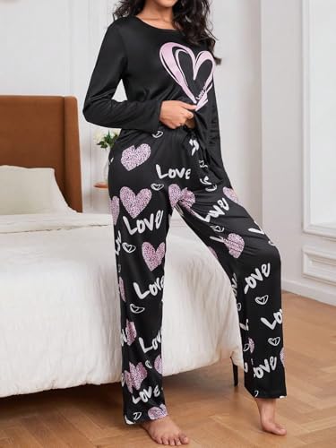 OYOANGLE Women's Pajama Sets 2 Piece Heart Printed Soft Pjs Long Sleeve Tops and Pants Sleepwear Sets3