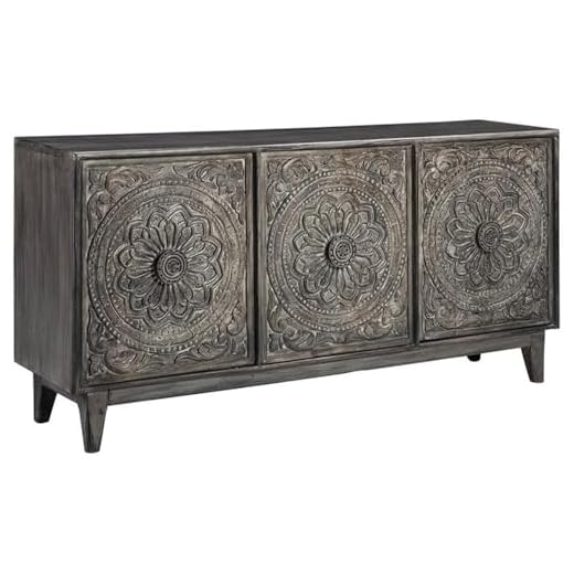 Signature Design by Ashley Fair Ridge Boho Hand Carved Wood Accent Cabinet or TV Stand, Dark Gray