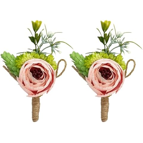 Yokoke Artificial Peony Silk Flower Boutonniere Bouquet Corsage Wristlet Vintage Fake Succulent Plants Pink Peach for Wedding Decor 2 Pcs (Blush) Cover