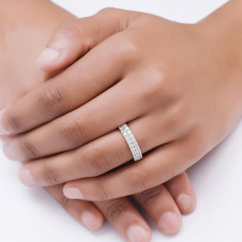 Round Cut White Cubic Zirconia Double Row Half Eternity Women's Engagement Wedding Band Ring in 14k Gold Plated Sterling Silver promise rings for her, Gift Jewelry3