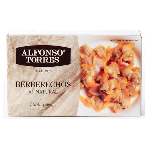 Berberechos al Natural. Peso Neto 111 gramos. Peso Escurrido 63 gramos. Categoría Gourmet. Con ingredientes 100% Naturales: Berberechos, Agua y Sal. Alfonso Torres.