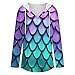 Womens Bodysuit Pullover Shirts Tops Long Sleeve Hoodie Purple Turquoise Sparkling Mermaid Scales Pattern Tshirt, S-3XL