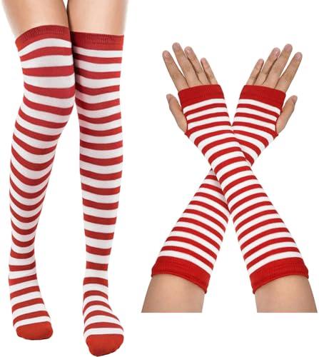 MESU Women Striped Thigh High Socks and Fingerless Gloves Set