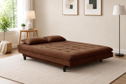 Image of Velvet Fabric Wooden 3-Seater Apsen Sofa Bed with Tufted Couch with Adjustable Backrest- Living Room Furniture-Brown-Color