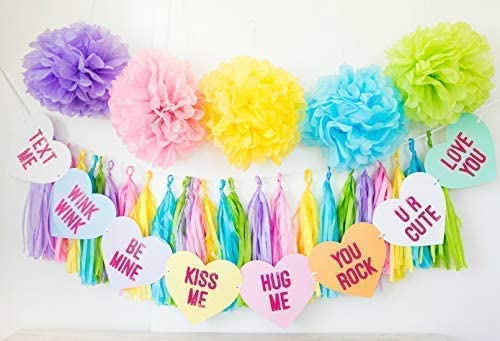 Image of FestikoConversation Candy Hearts Banner, Eight Valentines Day Heart Sayings Garland Decorations, six feet Long