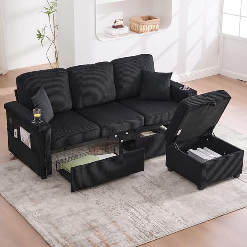 luckdect Canapé d'angle Convertible,canapé modulaire en Forme de L,Canapé Lit 3 Places avec Chaise Réversible,2 Tiroirs,Porte-gobelet,Repose-Pieds de...