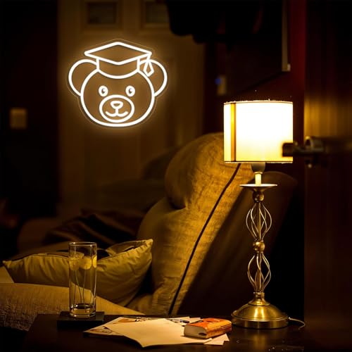 Image of Bear Neon Sign for Wall Decor,Dimmable Bear with Graduation Hat Neon Light,White Grad Light Up Signs for Class of 2025 Graduations Background Decoration Celebration Gifts