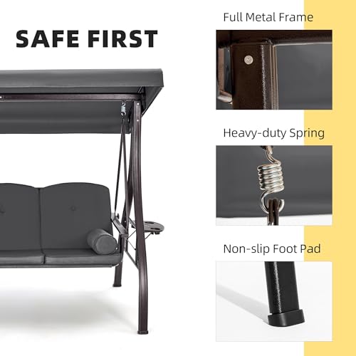 Image of HOMREST 3 Person Outdoor Porch Swing with 1.5 inch Upgraded Cup Holder, Adjustable Canopy, Backrest, Patio Swing Bed with Weather Resistant Steel Frame, Cushions for Garden,Deck and Poolside(Gray)