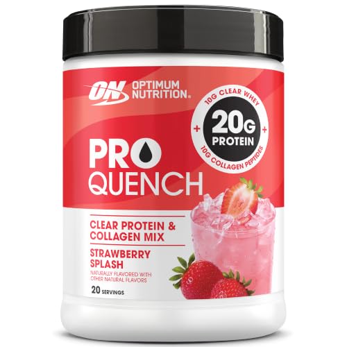 Image of Optimum Nutrition Pro Quench, 10g Clear Protein, 10g Collagen peptides & Electrolyte Powder Drink Mix, Strawberry, 20 Servings, 520 Grams (Packaging May Vary) | Clear Whey Protein & Collagen Peptides Sports Drink Mix with Electrolytes, No Added Sugar, No Artificial Flavors, Easy Mixing