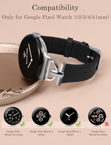 Image of Wearlizer Leather Bands Compatible with Google Pixel Watch 4 /3 41mm /Pixel Watch 2 /1 Band Women, Dressy Designer Slim Leather Strap with D-Shape Metal Buckle for Pixel Smartwatch Accessories
