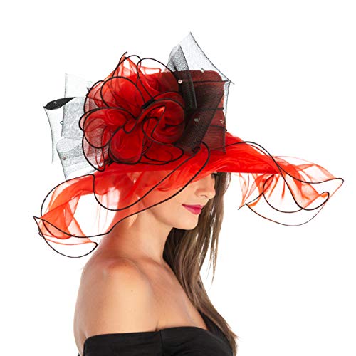 Women's Organza Church Kentucky Derby British Fascinator Bridal Tea Party Wedding Hat Summer Ruffles Cap(HL-Red Balck Line)