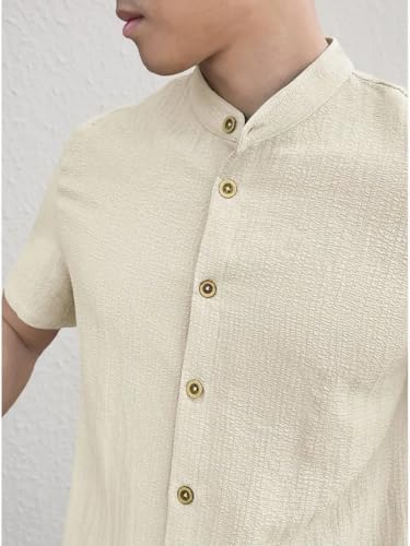 Image of Men's Solid Textured Half Sleeve Shirt with Stylish Buttons | Band Collar Casual Shirt for Summer Wear
