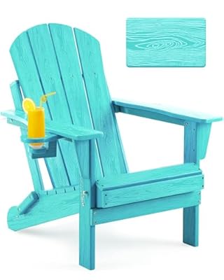 Serique Folding Adirondack Chair Wood Texture, Patio Chairs Weather Resistant, Outdoor Chair, Lawn Chair with Cup Holder, Fire Pit Chair for Deck, Outdoor, Porch, Backyard(Lake Blue)