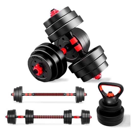 JUPPLIES Juego de Mancuernas Ajustables 4 en 1 + Kettlebell - 10kg 20kg 40kg - Kit de Pesas con Barra Recta Ajustable y Antideslizante - Pesas y Mancuernas Discos Recubiertos - Set de 20 kg