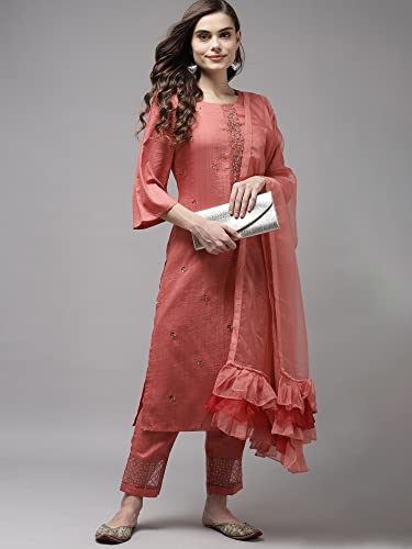 Image of INDO ERA Women's Poly Chiffon Embroidered Straight Kurta With Pant & Dupatta Set (RRRRR8075)