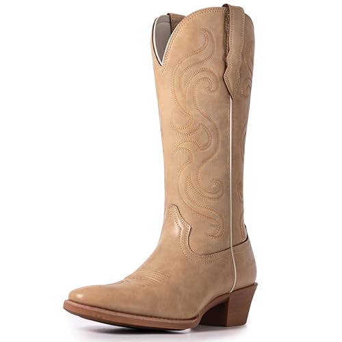 Western Cowboy Boots for Women, Cowgirl Vintage Mid Calf Embroidered Pointed Toe Faux Leather Chunky Heel Pull on Classic Ladies Boot