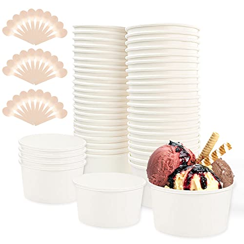 REFORUNG Eisbecher aus Pappe 50 Stück Umweltfreundliche Universal Karton Einwegschalen 240ml Einweg-Kuchenbecher Papier Becher mit 50 Holzlöffel für Eisbecher, Gefrorenen Joghurt, Suppe, Weiß