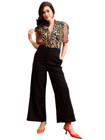 KASSUALLYjumpsuits for women Notch Lapel Collar Puff Sleeve Printed Jumpsuit