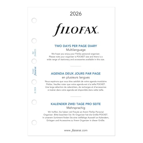 Recharge agenda 2026 pocket 2 jours sur une page papier blanc uni C68223-26 Filofax