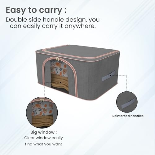 Image of Kuber Industries Pack of 5 Foldable 66 Liter Cloth Organizer for Storage with Steel Frames, Zip & Handles | See Through Saree Organiser for Wardrobe, Seasonal & Home Items | LJ-1-GRY | Grey