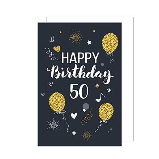 Edition Seidel Tarjeta de felicitación de 50º cumpleaños con sobre, tamaño A4, tamaño A4, tarjeta de felicitación de cumpleaños, billet Happy Birthday hombre, mujer, globos dorados (A4-GZ346-50)