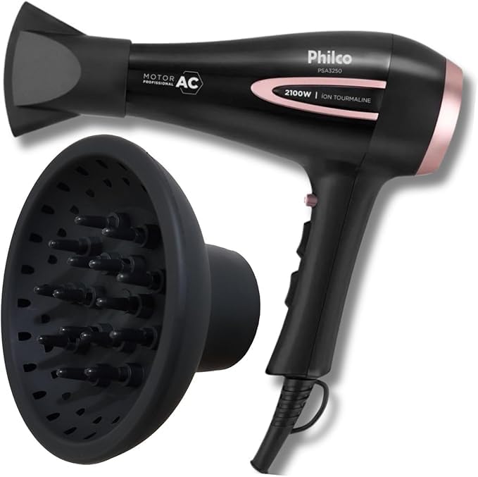 Secador de Cabelo Profissional PSA3250 2100W Íon Tourmaline com Difusor de Cachos - 127v
