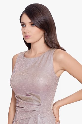 Image of Betsy & Adam Women's Long Bodycon Sleeveless Boat Neck Evening Gown with Side Slit Ruffle
