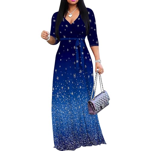 Image of Women's V Neck Floral Maxi Dress 3 /4 Sleeve Plus Size Boho Wrap Flowy Long Dresses with Belt