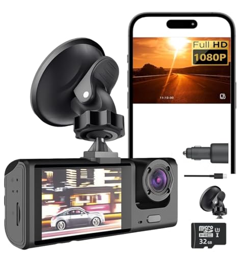 ELECTROMANIA - Dashcam Doble Cámara Coche Full HD con Pantalla y Visión Nocturna, MicroSD 32GB, Cargador USB, Soporte Ventosa, Grabación Bucle, Fácil Instalación, Batería incorporada