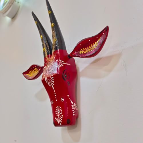 Image of SHREE 'O' GREEN TECH Handcrafted Red Cow Head Wall Decor Wooden Animal Face Art for Home Entrance, Living Room, Pooja Room Tribal Ethnic Wall Hanging for Modern and Traditional Interiors