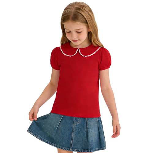 Image of 12M-14Y Toddler Baby Girls Peter Pan Collar Blouse Kids Girl Solid Color Puff Sleeve T-Shirts Casual Tee Tops