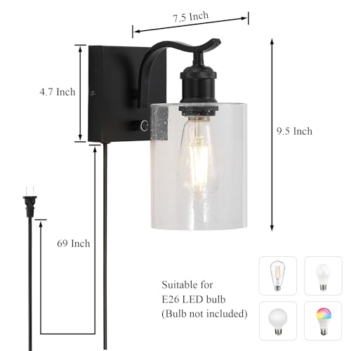 Image of Set of 2 Plug in Black Wall Sconces,Farmhouse Bathroom Wall Mount Light,Vanity Lighting Fixtures with Seeded Glass Shade,Indoor Metal Wall Lamp for Living Room Bedroom Kitchen Hallway