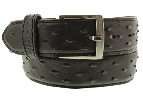 El Presidente Mens Black Ostrich Quill Print Leather Western Cowboy Belt Silver Buckle