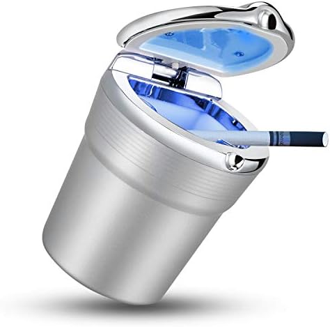 Car Cigarette Ashtray, iUKUS Stainless Auto Car Cigarette Ashtray with Lid and Blue LED Light Indicator Smokeless Vehicle Cigarette Ashtray Ash for Car Cup Holder,Home, Office