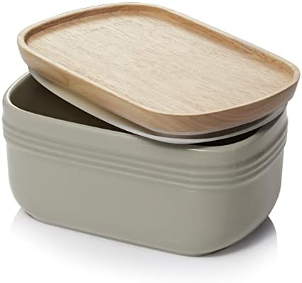 DOWAN Porcelain Butter Dish, Extra Large Butter Dish with Cover, Airtight Butter Dish with Wooden Lid, Farmhouse Butter Container for East West Coast Butter, Freezer Safe, Grey