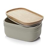 DOWAN Porcelain Butter Dish, Extra Large Butter Dish with Cover, Airtight Butter Dish with Wooden Li