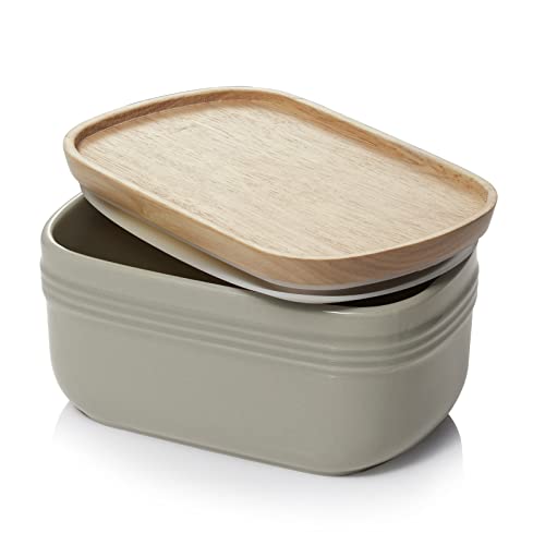 Dowan Porcelain Butter Dish, Extra Large Butter Dish With Cover, Airtight Butter Dish With Wooden Lid, Farmhouse Butter Container For East West Coast Butter, Freezer Safe, Grey #TOP9