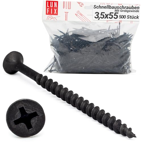 Vis placo à fixation rapide 3,5x55 mm, 500 pièces, auto perceuse, cloison seche, plaques platre, ossature metal, filetage grossier, tete trompette, placoplâtre, noir,...