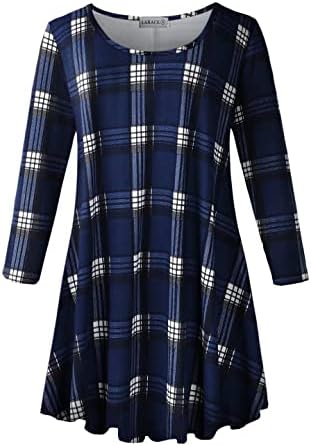 LARACE Plaid Shirts for Womens Plus Size Dressy Tops Loose Fit 3/4 Sleeve Tunic Casual Blouse Swing Basic Clothes(S, 1-NavyBlue)
