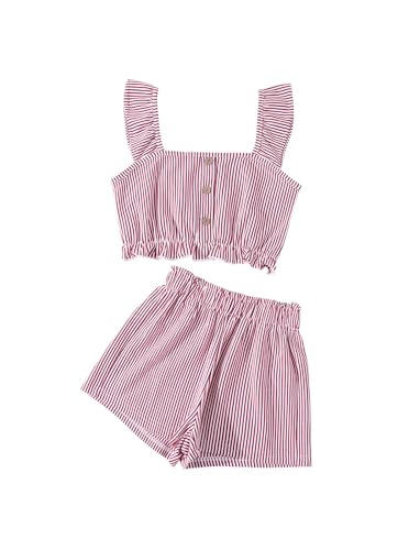 Image of Girl's Summer Clothing Sets Knit Ruffle Striped T-Shirt and Shorts 2 Piece Outfits Red 9-10Y