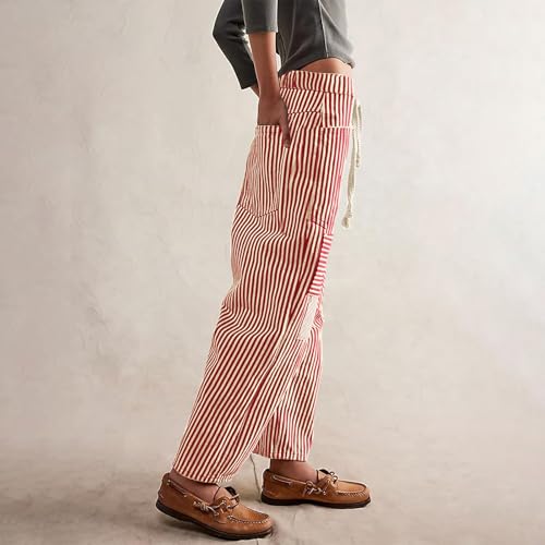 Women Striped Patchwork Jeans High Waist Drawstring Baggy Barrel Wide Leg Denim Pants Casual Trousers with Pockets3